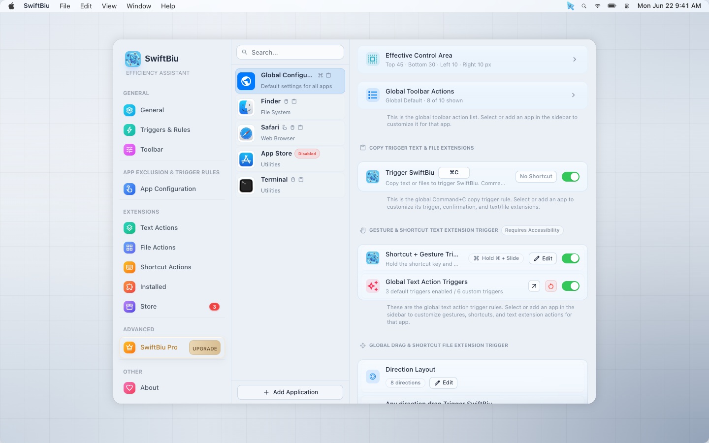SwiftBiu per-app trigger configuration screen
